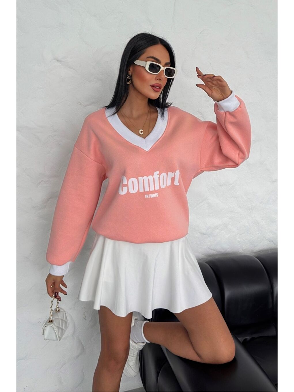 Kadın Pudra Pembe Comfort In Paris Baskılı V Yaka Oversize New Sweatshirt-5
