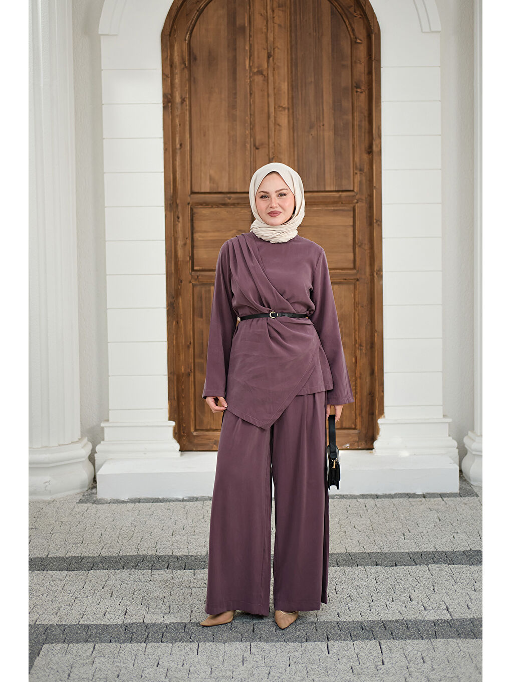 Kadın Yandan Dikişli Parça Detay Pantolonlu Takım Mürdüm