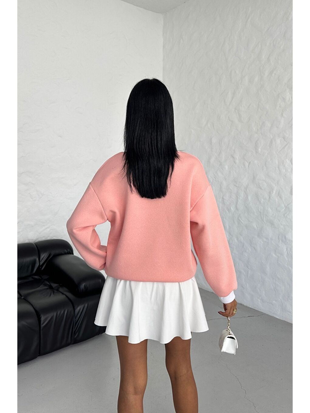 Kadın Pudra Pembe Comfort In Paris Baskılı V Yaka Oversize New Sweatshirt-6