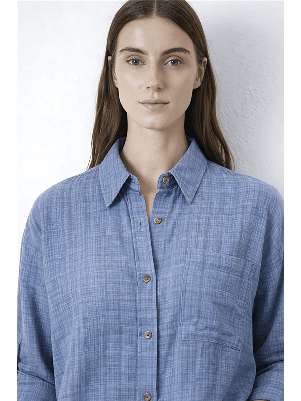 İndigo Pamuklu Rahat Kalıp Uzun Kollu Kadın Gömlek 26Y0245K1-3