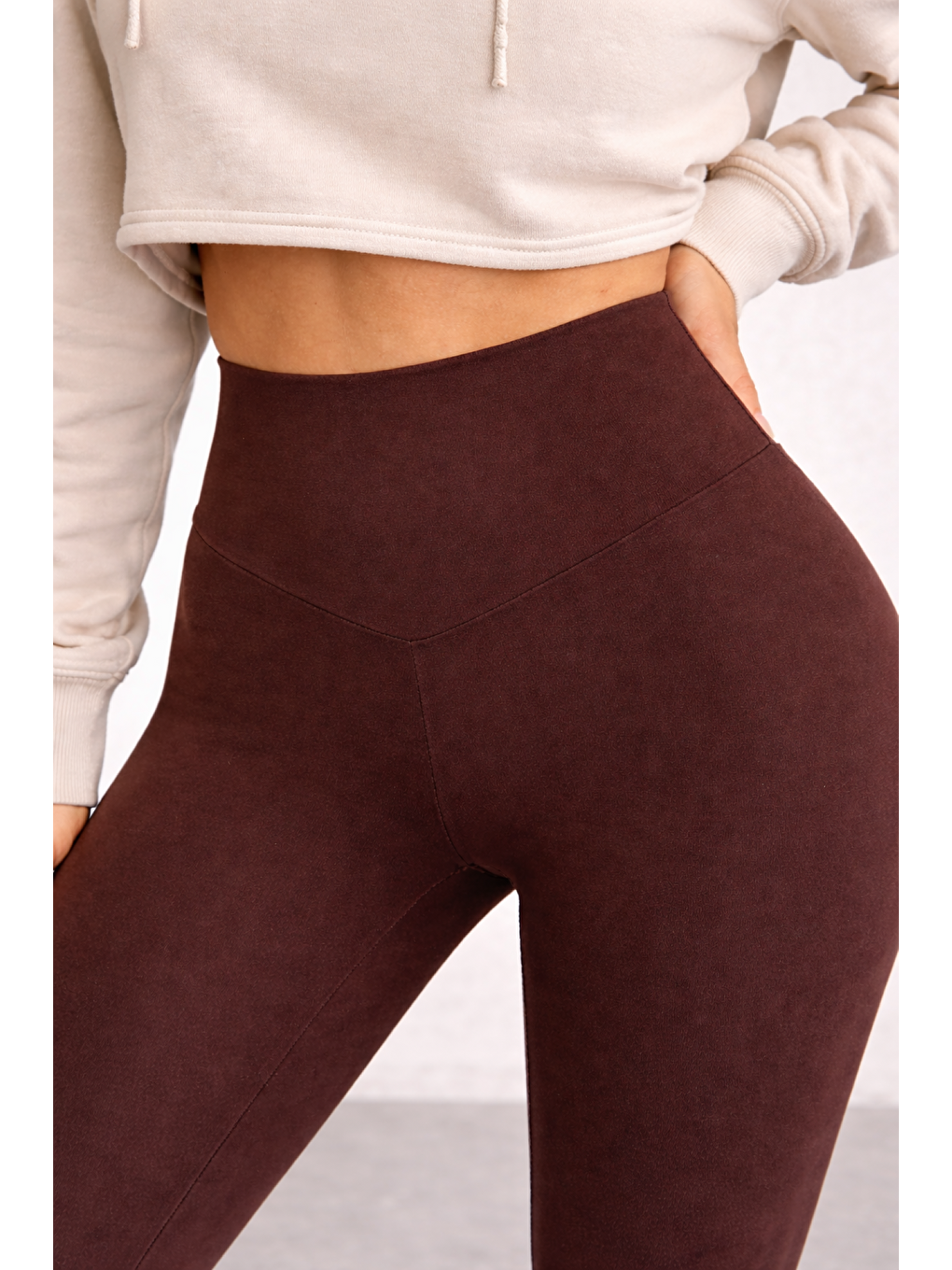 Kahverengi Kadın Ekstra Yüksek Çapraz Kemer Bel Dalgıç Kumaş Esnek Spor Rahat Günlük Tayt-3