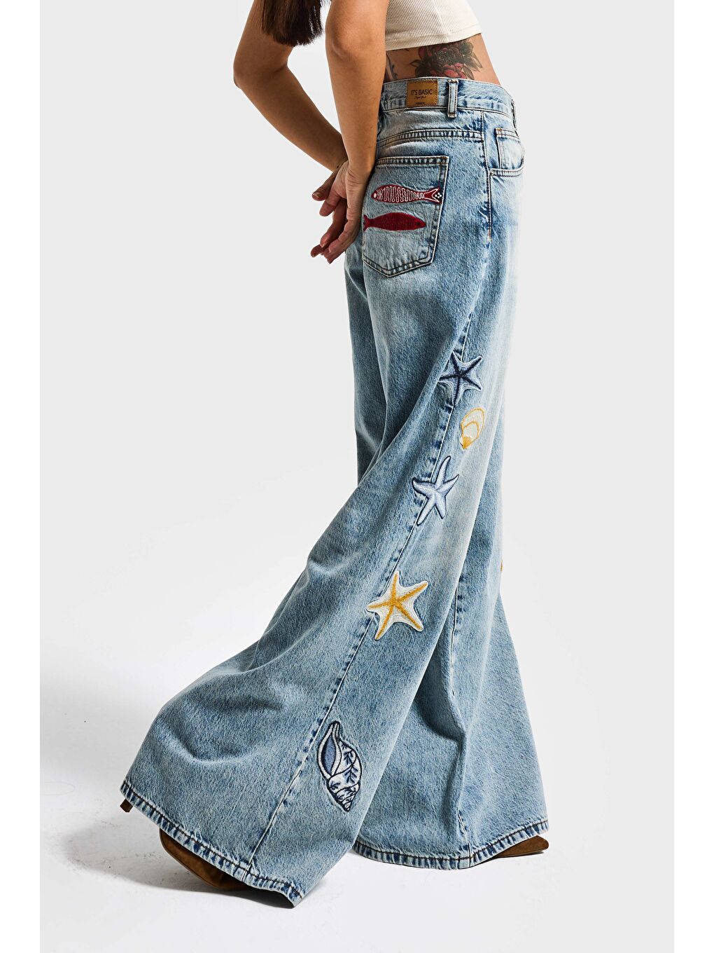 Mavi Kadın Jean Rengi 4s6-32 Palazzo Fit Deniz Dünyası Nakışlı Özel Tasarım Denim Jean-3