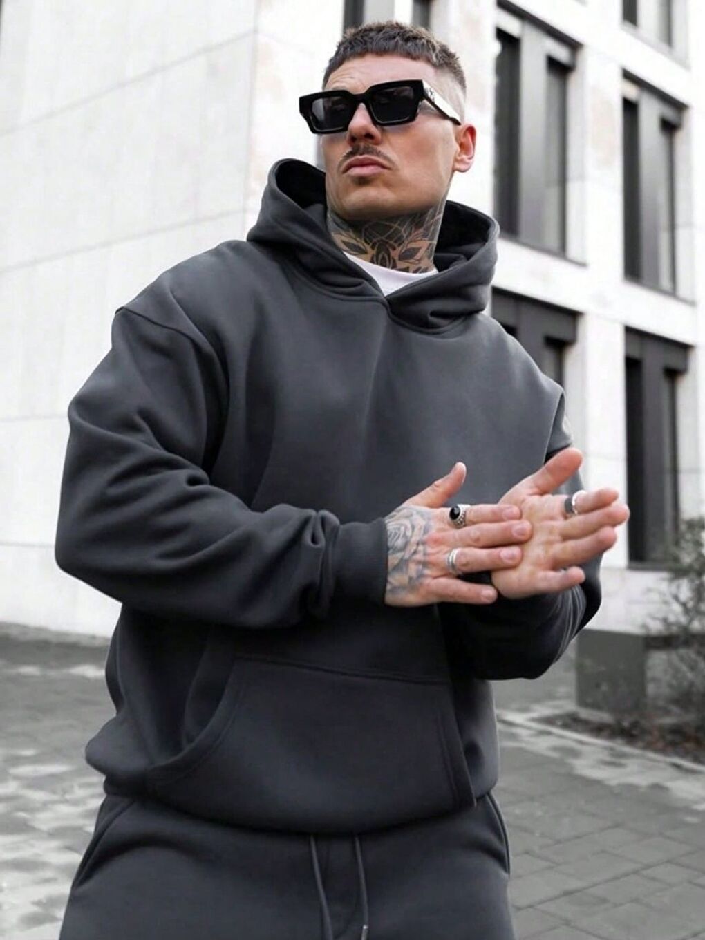 Gri Erkek Füme Oversize Düz Kapüşonlu Sweatshirt-2