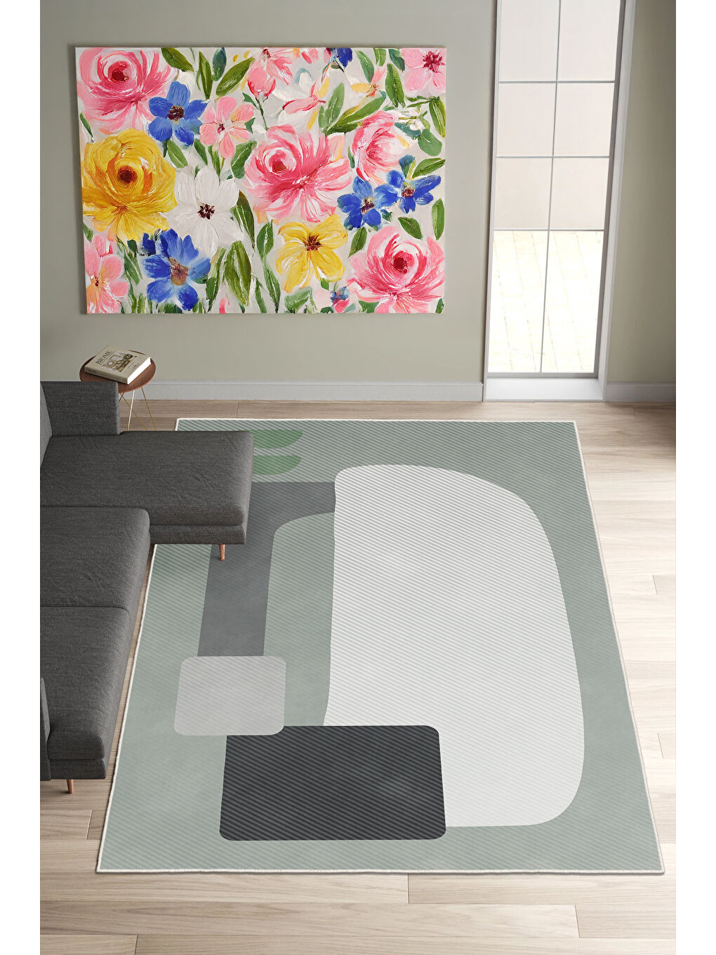 Yeşil Dekoratif Salon Halısı, Makinada Yıkanabilir, Kaymaz Taban, İnce & Modern Tasarım-4