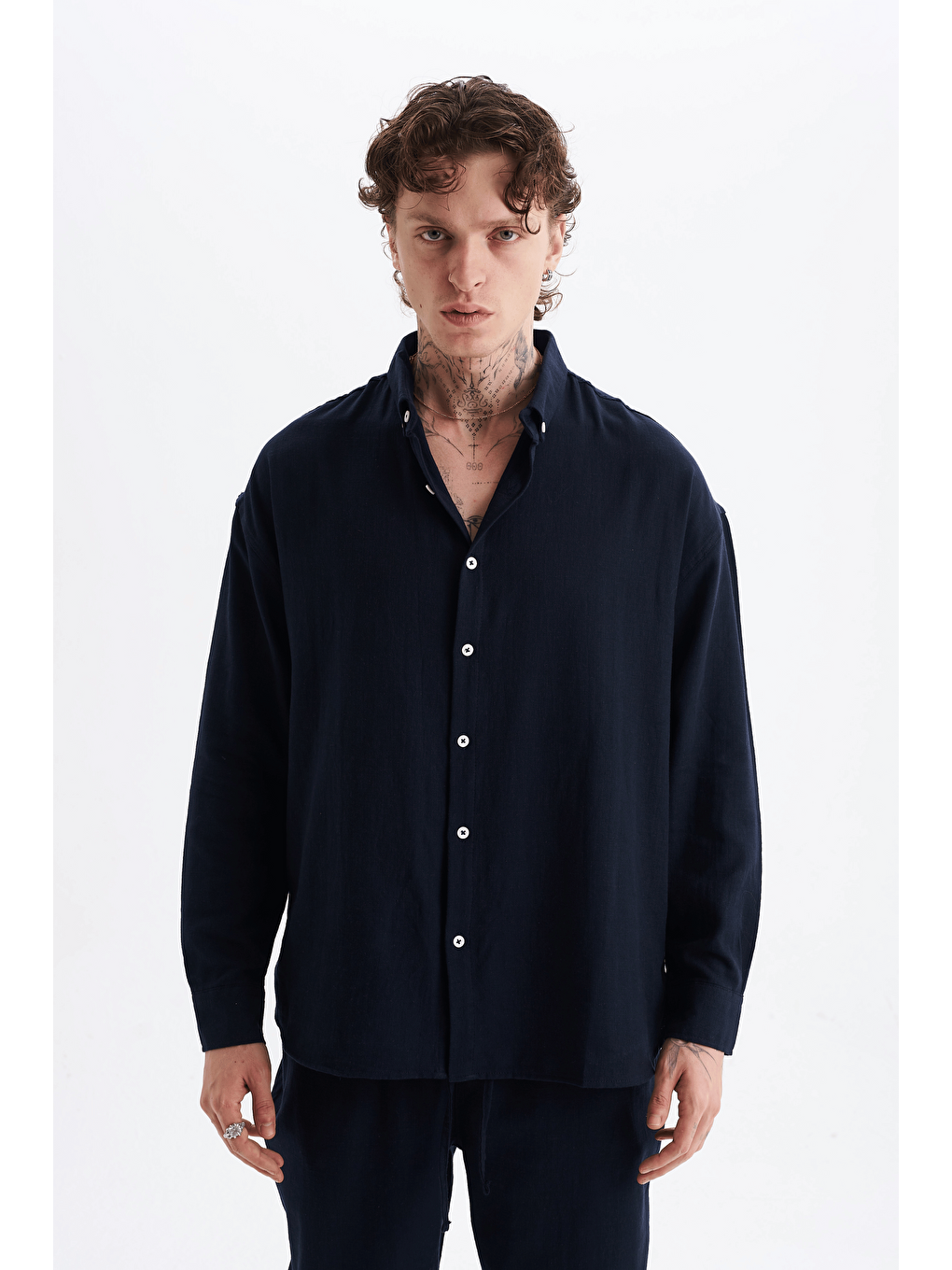 Erkek %100 Pamuklu Keten Görünümlü Pantolon Gömlek Takım Lacivert-1