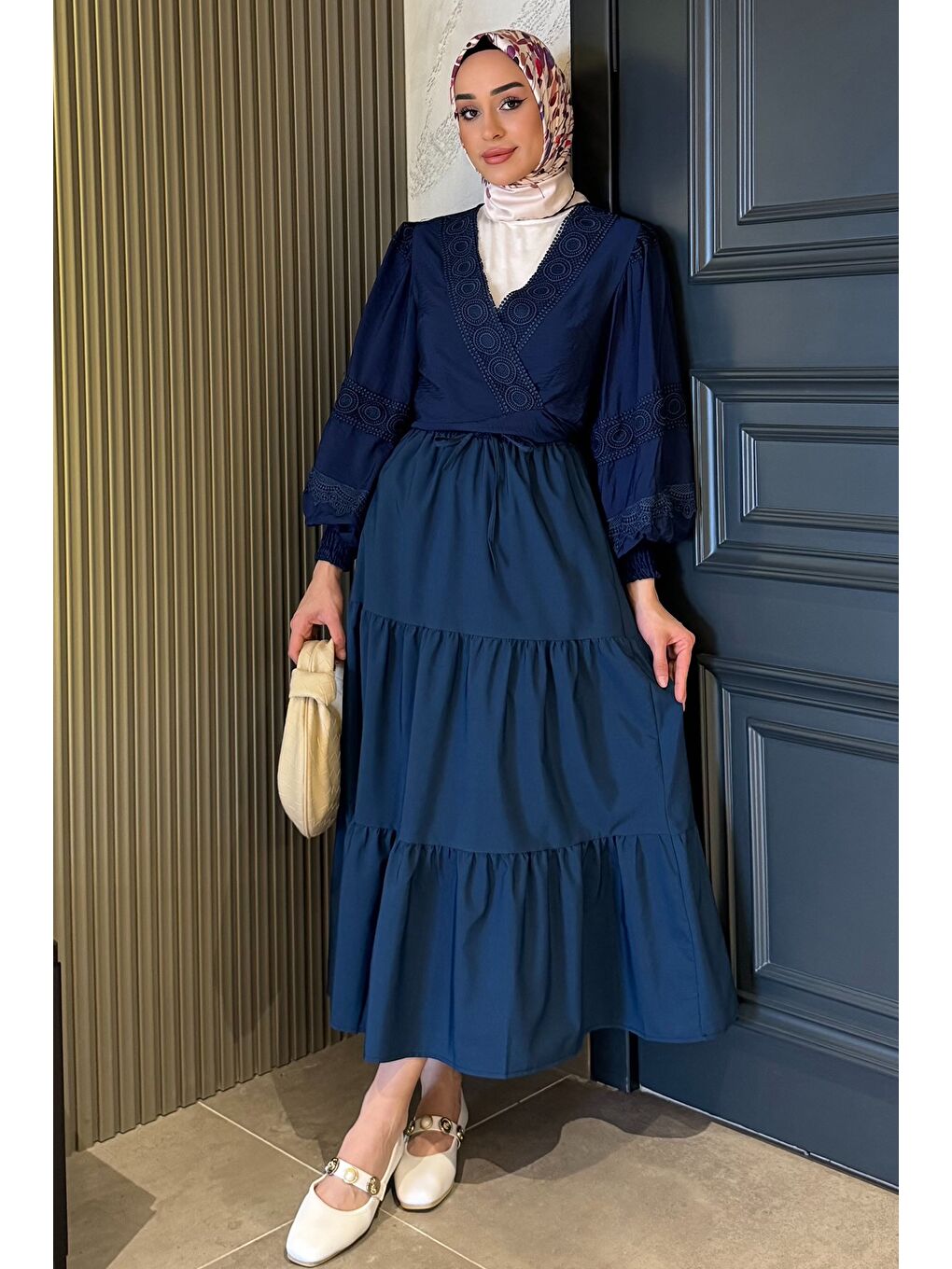 Lacivert Kadın Bel Lastikli Pileli Katlı Tesettür Etek-3