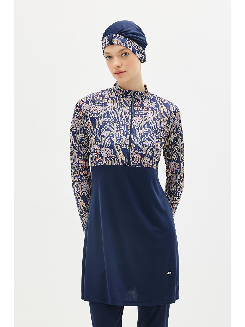 Desenli Fermuarlı 4'Lü Tesettür Mayo 1310 Koyu Lacivert-1