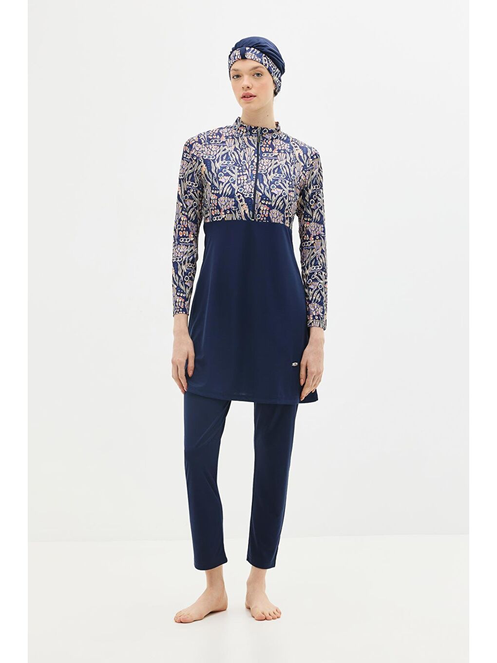 Desenli Fermuarlı 4'Lü Tesettür Mayo 1310 Koyu Lacivert-2