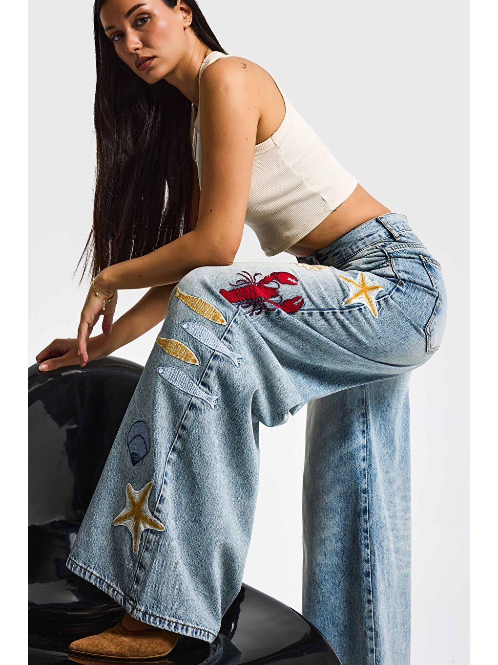 Mavi Kadın Jean Rengi 4s6-32 Palazzo Fit Deniz Dünyası Nakışlı Özel Tasarım Denim Jean-4