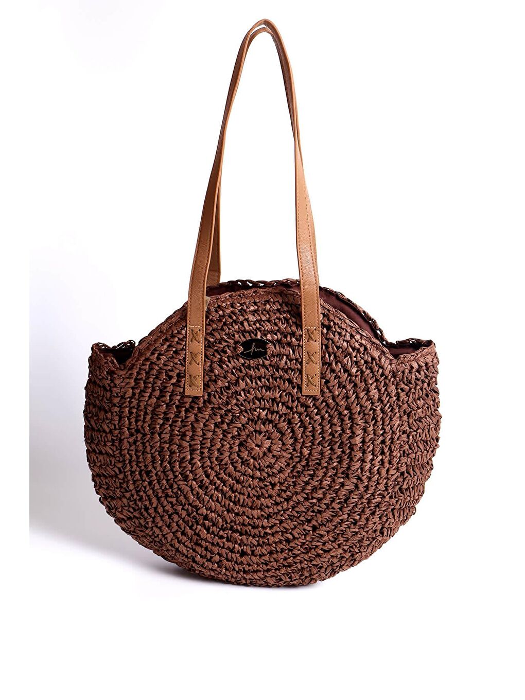 İmza Detaylı Kahverengi Yuvarlak Örme Hasır Çanta 1007