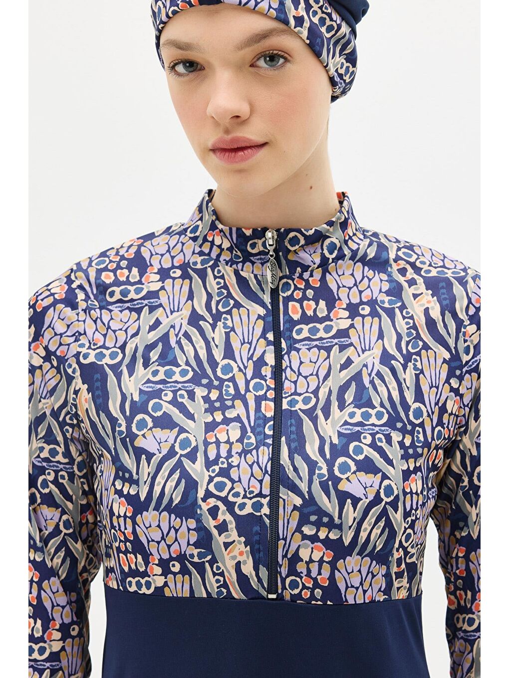 Desenli Fermuarlı 4'Lü Tesettür Mayo 1310 Koyu Lacivert-3