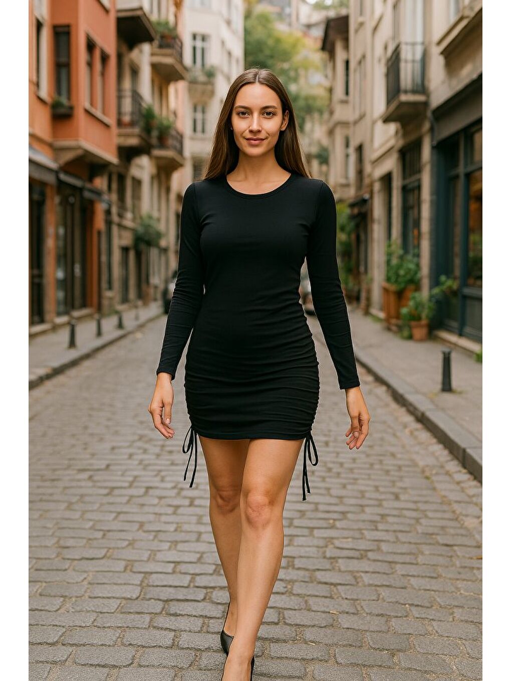 Siyah Kadın Uzun Kol Büzgü Detaylı Sandy Kumaş Ayarlanabilir Boy Fırsat Ürün Elbise