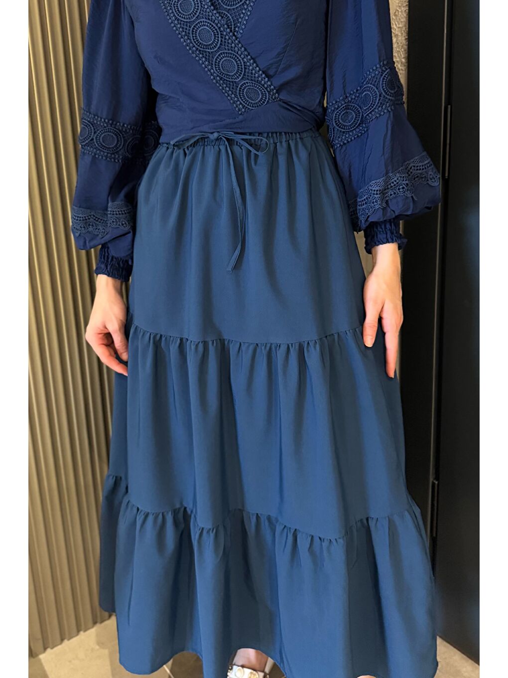 Lacivert Kadın Bel Lastikli Pileli Katlı Tesettür Etek-5