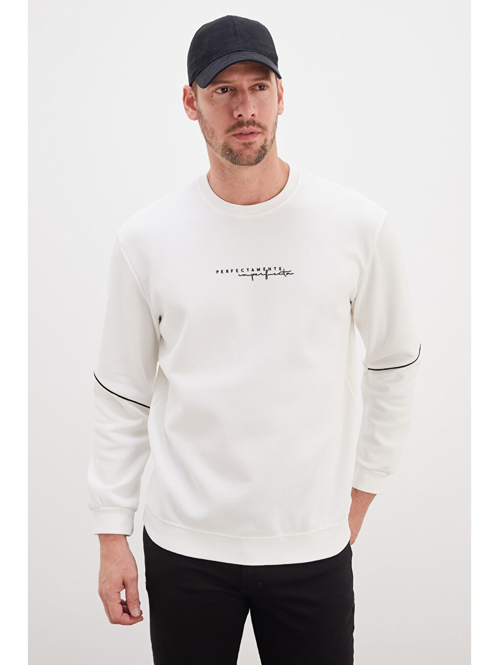 Beyaz Perfect Baskılı Çizgili Pike Kumaş Sweatshirt-1