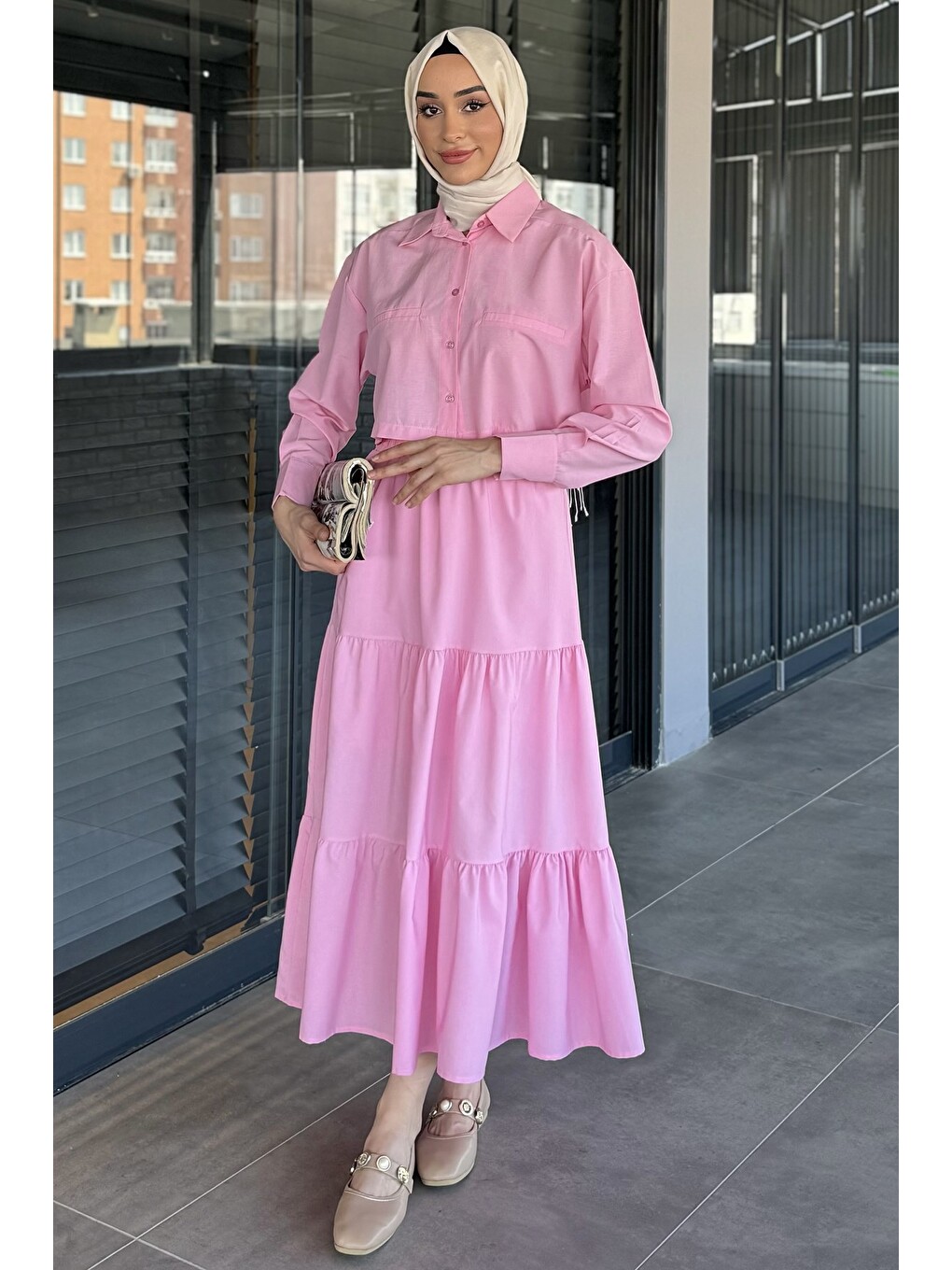 Pembe Kadın Bel Lastikli Pileli Katlı Tesettür Etek