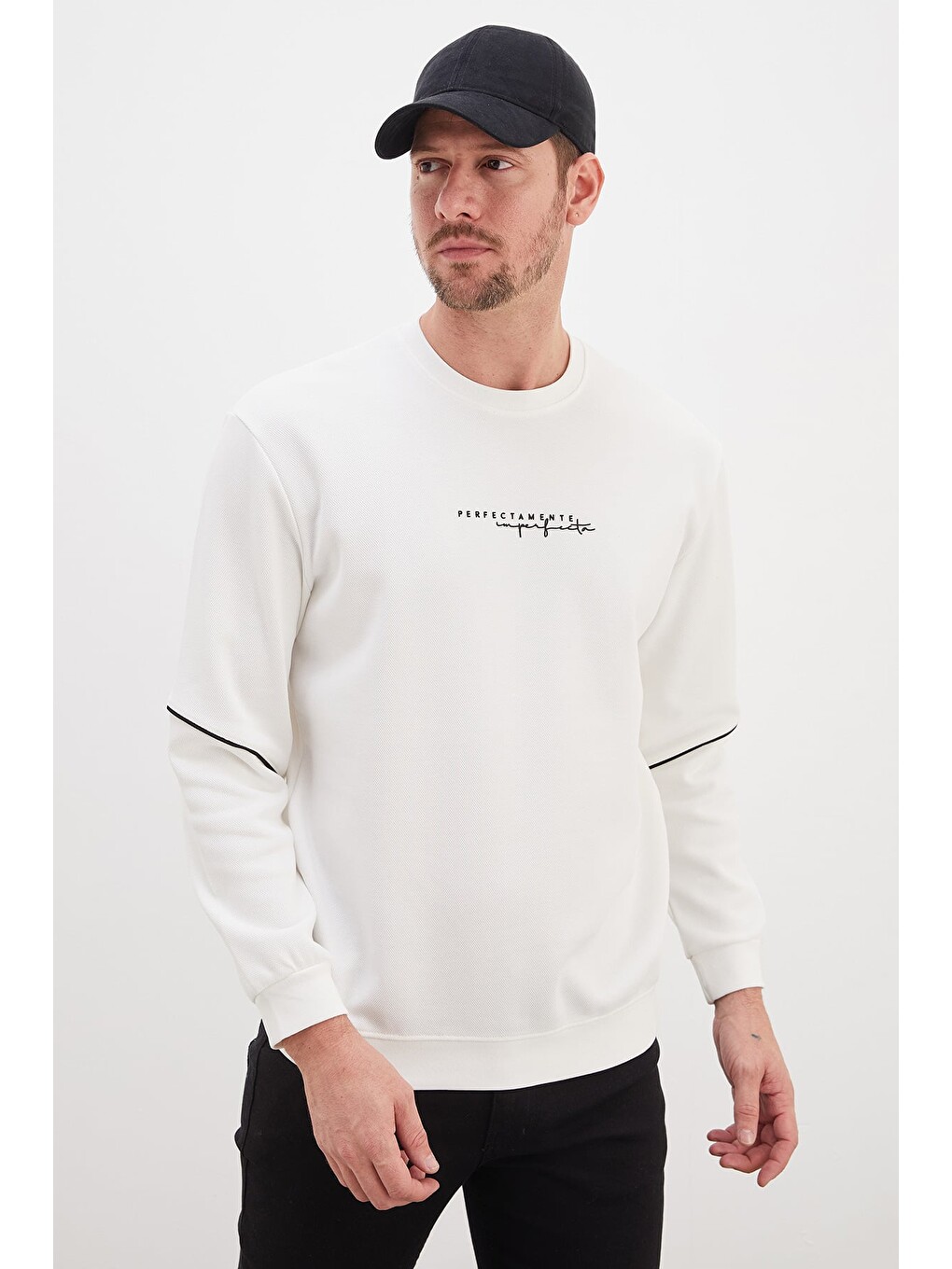 Beyaz Perfect Baskılı Çizgili Pike Kumaş Sweatshirt-2