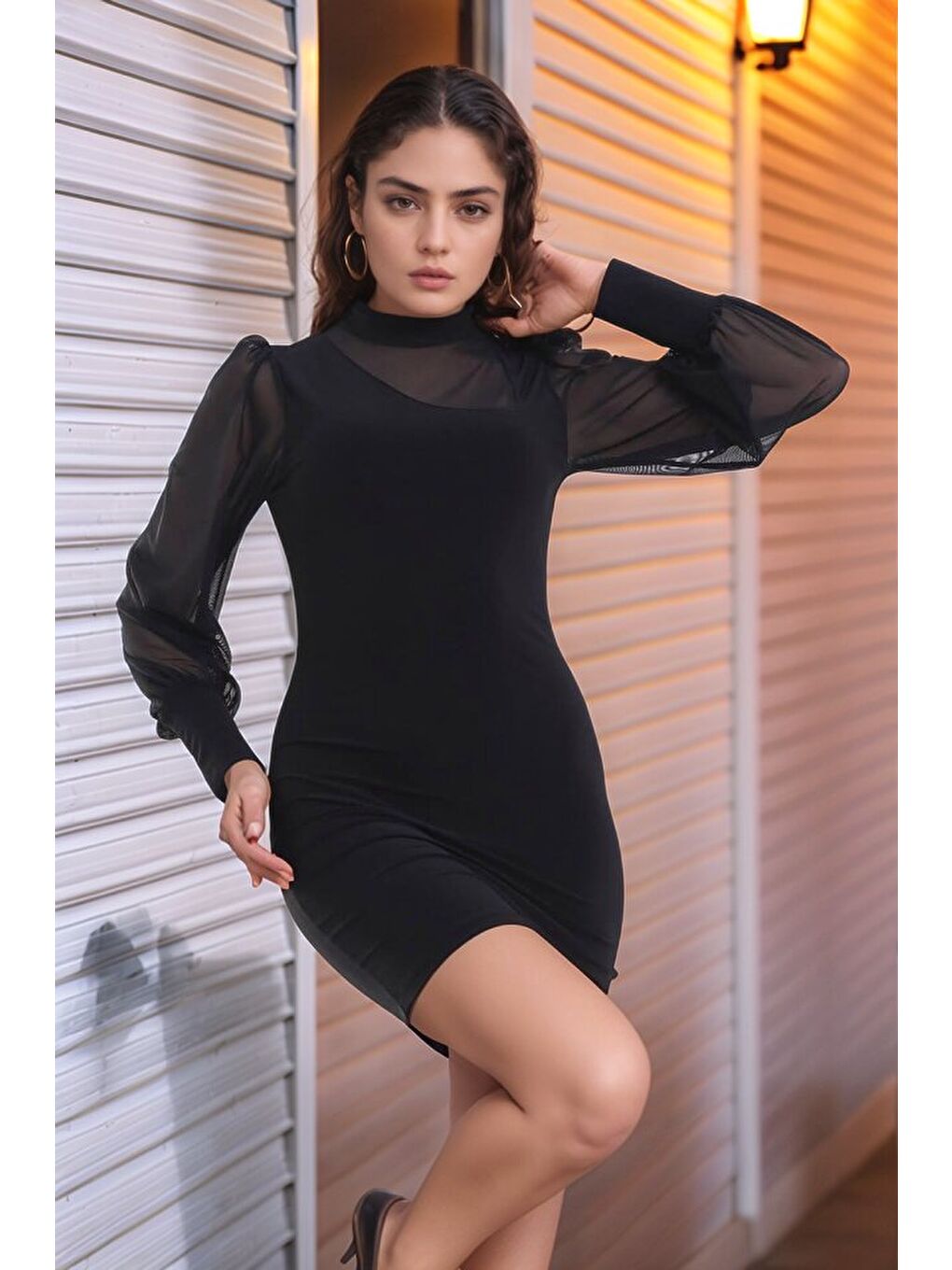 Siyah Kadın Balıkçı Yaka Transparan Detay Fırsat ürün Sandy Kumaş Mini Elbise-2