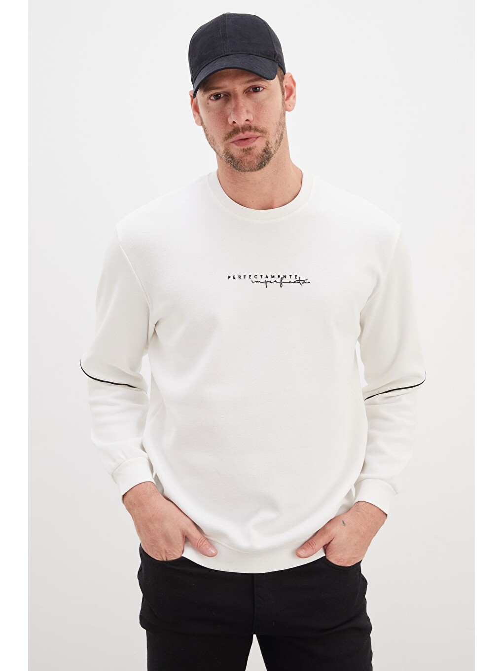 Beyaz Perfect Baskılı Çizgili Pike Kumaş Sweatshirt-3