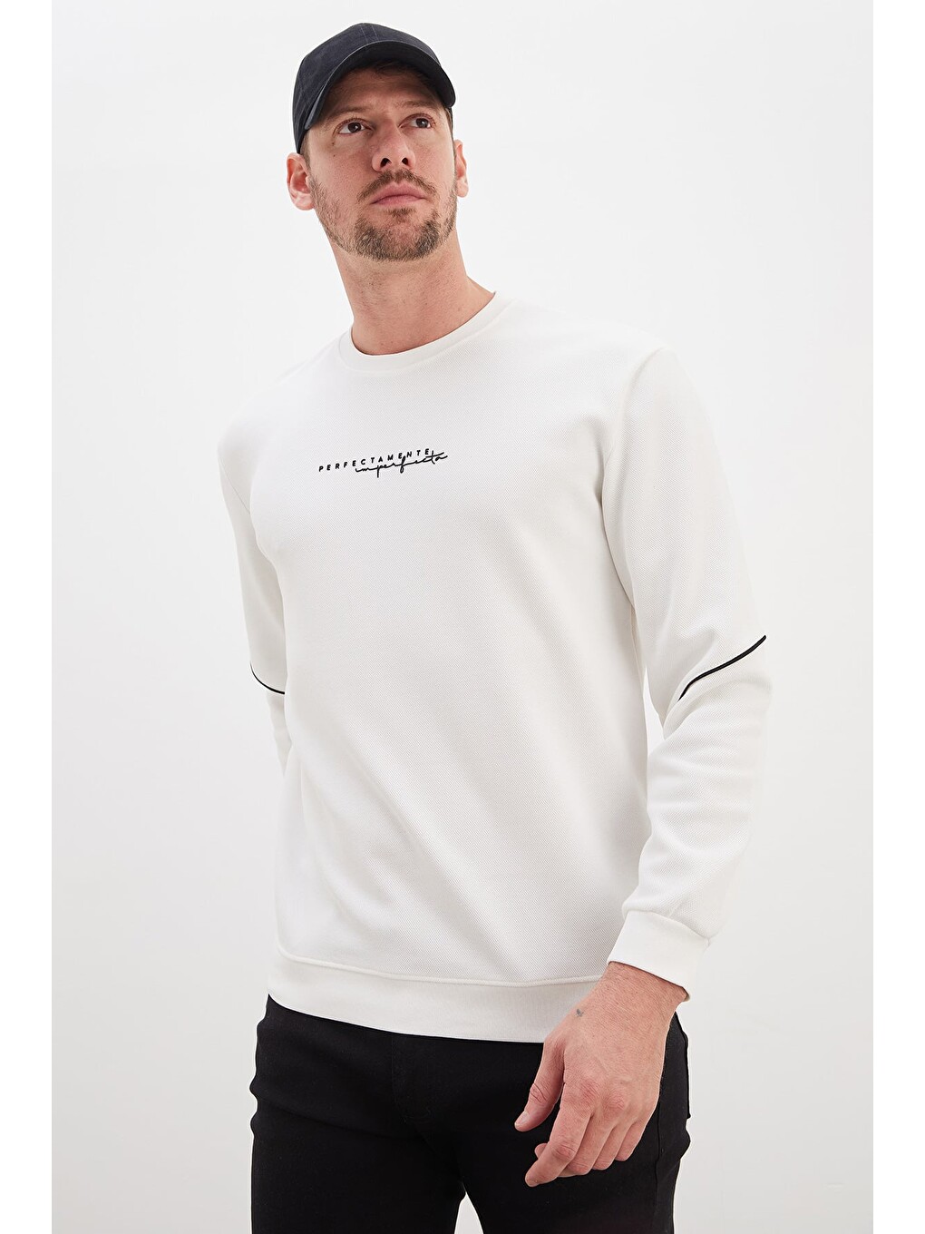 Beyaz Perfect Baskılı Çizgili Pike Kumaş Sweatshirt-4
