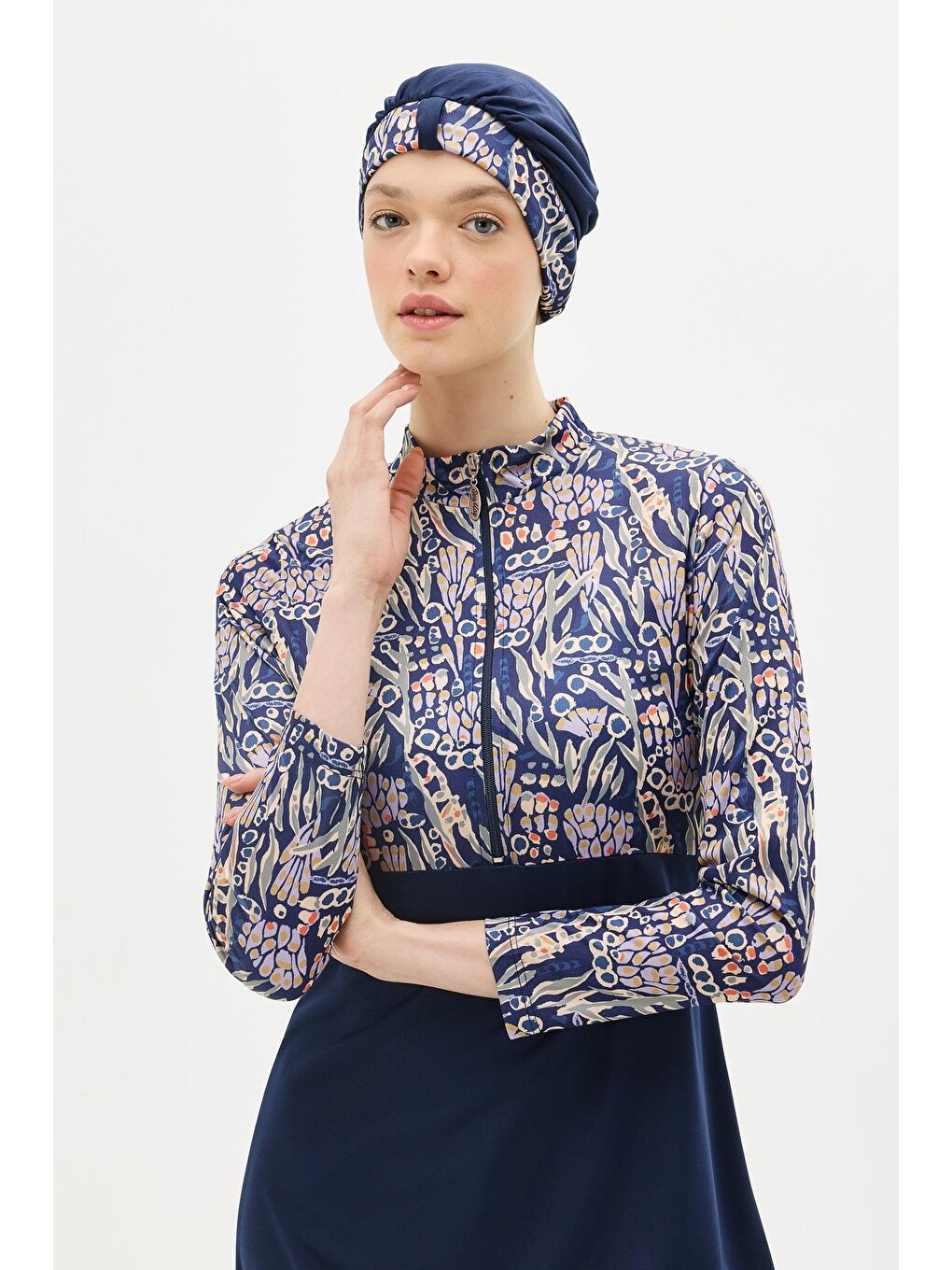 Desenli Fermuarlı 4'Lü Tesettür Mayo 1310 Koyu Lacivert-5