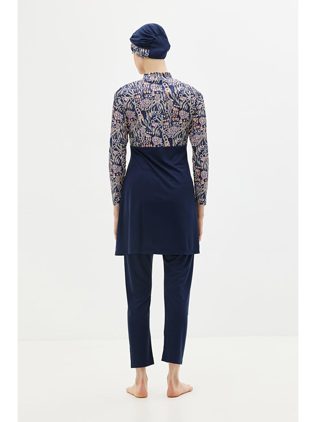 Desenli Fermuarlı 4'Lü Tesettür Mayo 1310 Koyu Lacivert-6