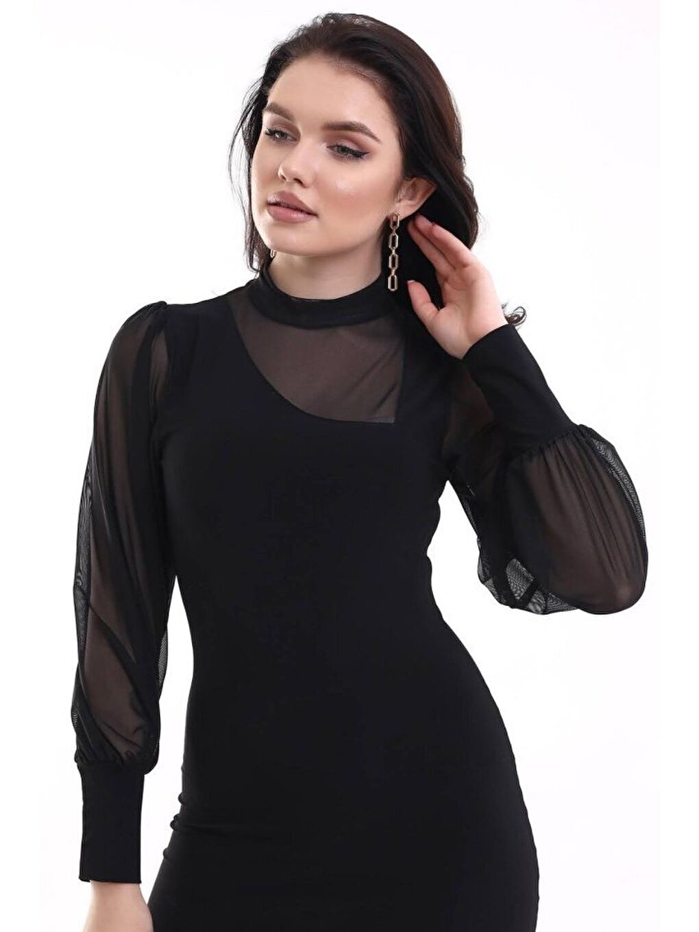 Siyah Kadın Balıkçı Yaka Transparan Detay Fırsat ürün Sandy Kumaş Mini Elbise-3