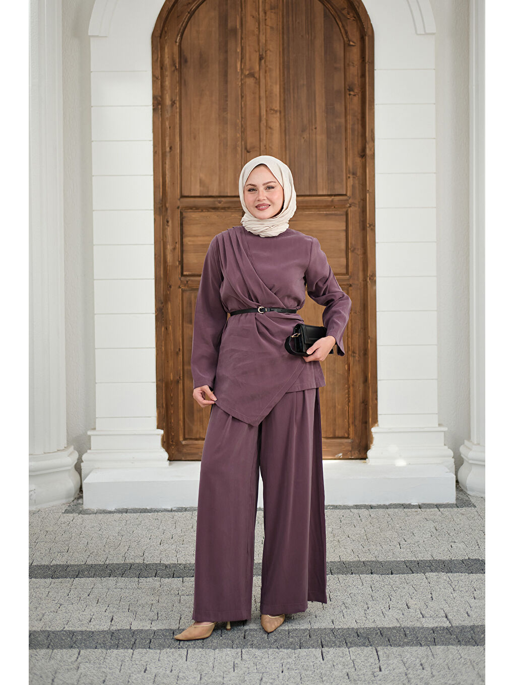 Kadın Yandan Dikişli Parça Detay Pantolonlu Takım Mürdüm-1