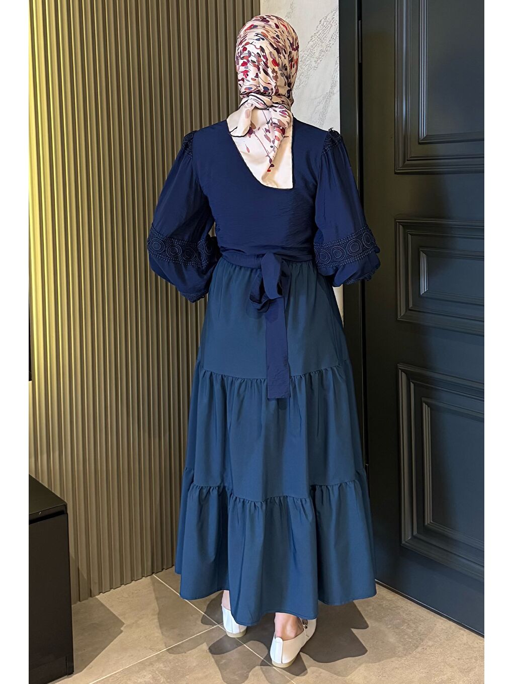 Lacivert Kadın Bel Lastikli Pileli Katlı Tesettür Etek-7