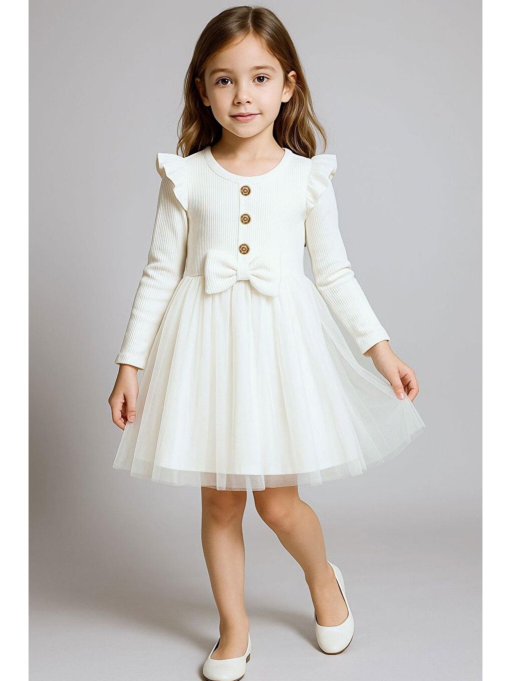Kız Çocuk Uzun Kollu Elbise Omzu Fırfır Detaylı Fiyonklu Ekru (3-6 Yaş)