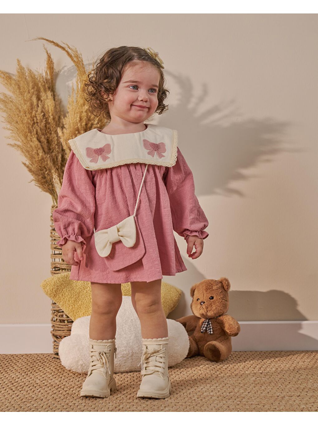 Pembe Bebek Kız Gül Kurusu Yakalı Çantalı Elbise