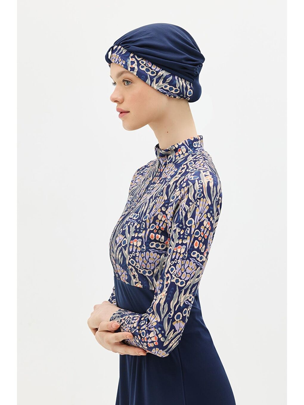 Desenli Fermuarlı 4'Lü Tesettür Mayo 1310 Koyu Lacivert-8