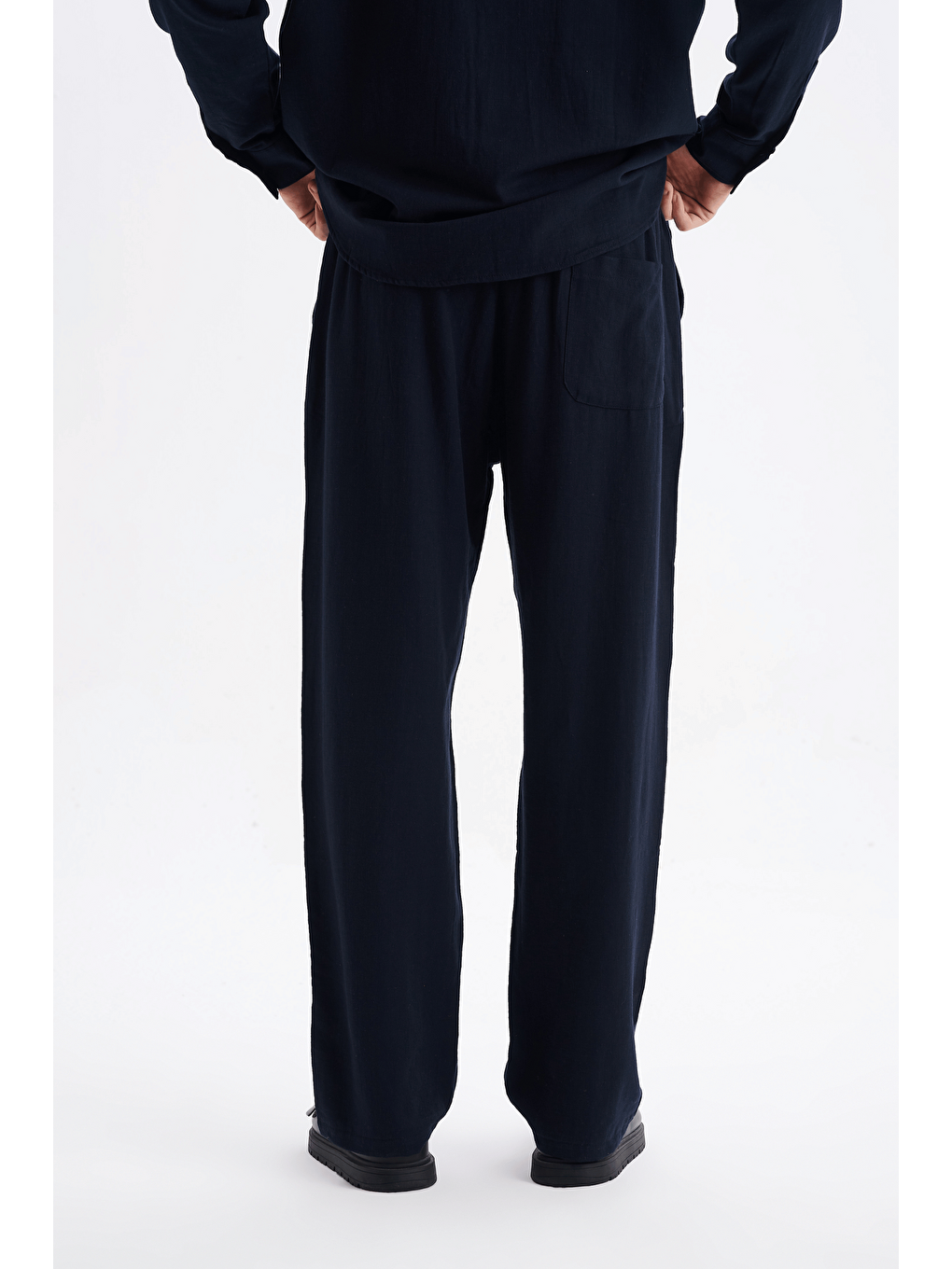 Erkek %100 Pamuklu Keten Görünümlü Pantolon Gömlek Takım Lacivert-3