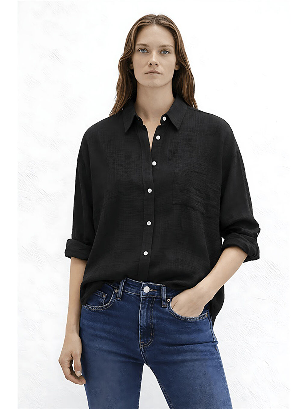 Siyah Pamuklu Rahat Kalıp Uzun Kollu Kadın Gömlek 26Y0245K1-2
