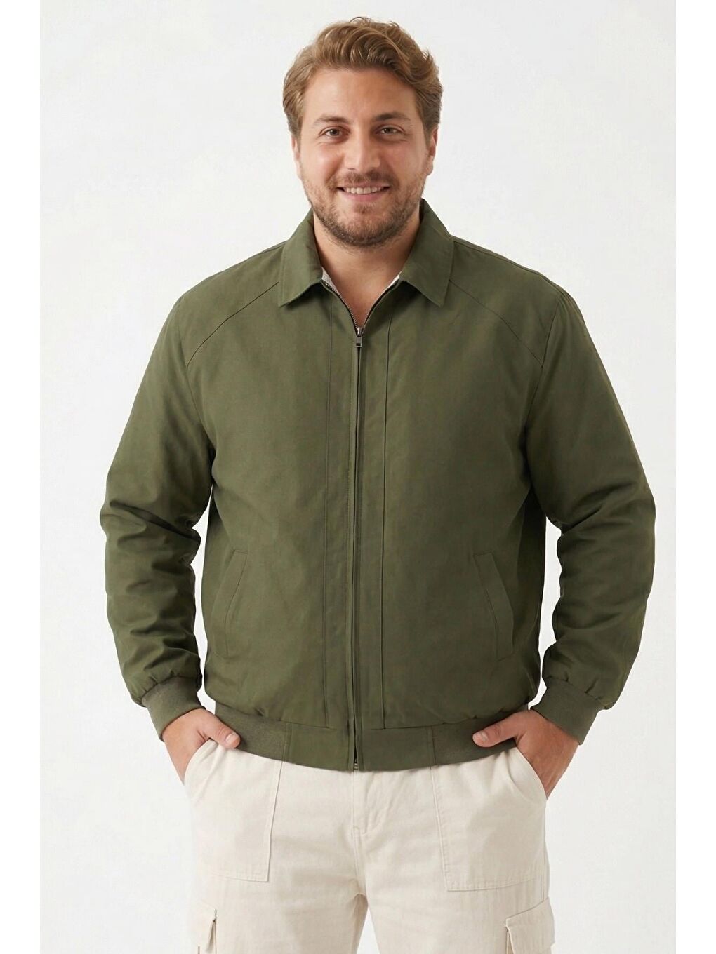 Haki Erkek Dik Yaka Fermuarlı Basic Bomber Mont Ceket