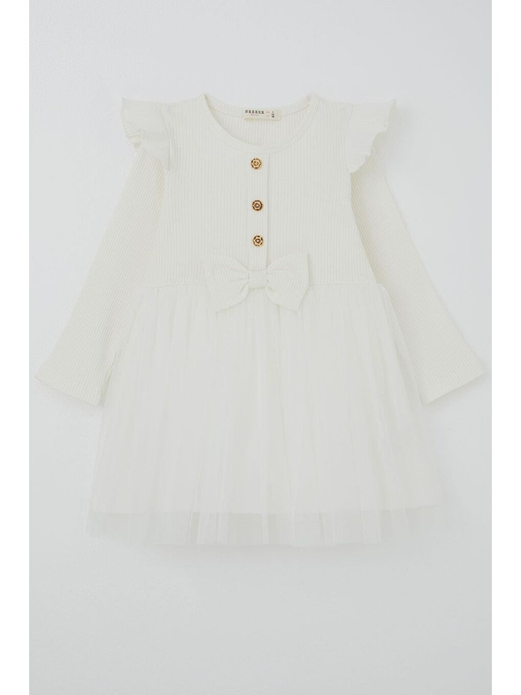 Kız Çocuk Uzun Kollu Elbise Omzu Fırfır Detaylı Fiyonklu Ekru (3-6 Yaş)-1