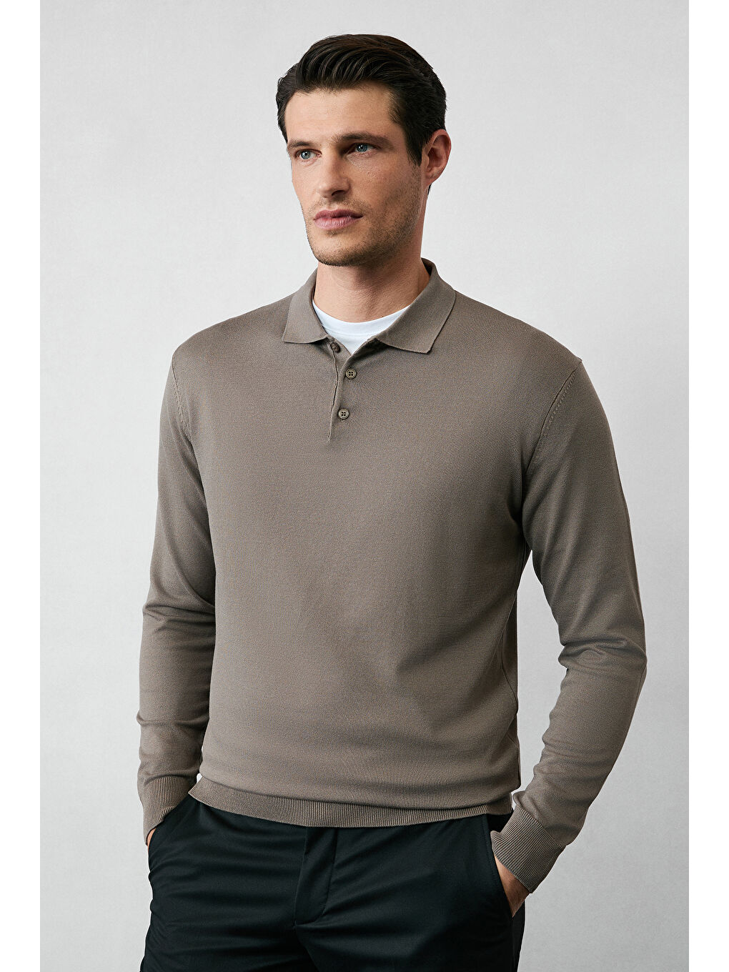 Bej Regular Fit Düğmeli Polo Yaka Triko Kazak-1