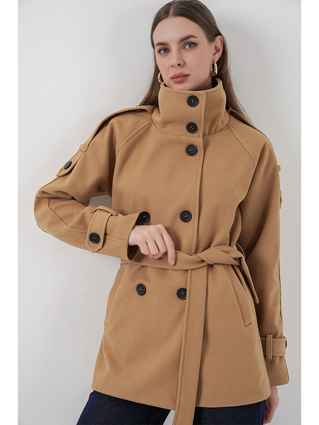 Sarı Kadın Kuşaklı Kaşe Kaban 9162 - Hardal