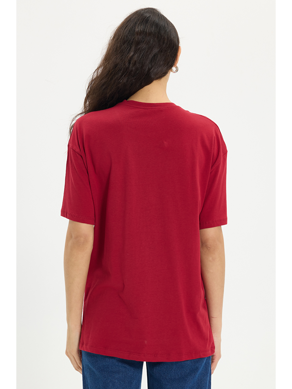 Kadın Oversize Geniş Kesim %100 Pamuk Bisiklet Yaka Kısa Kollu Baskılı Kırmızı Tişört-5