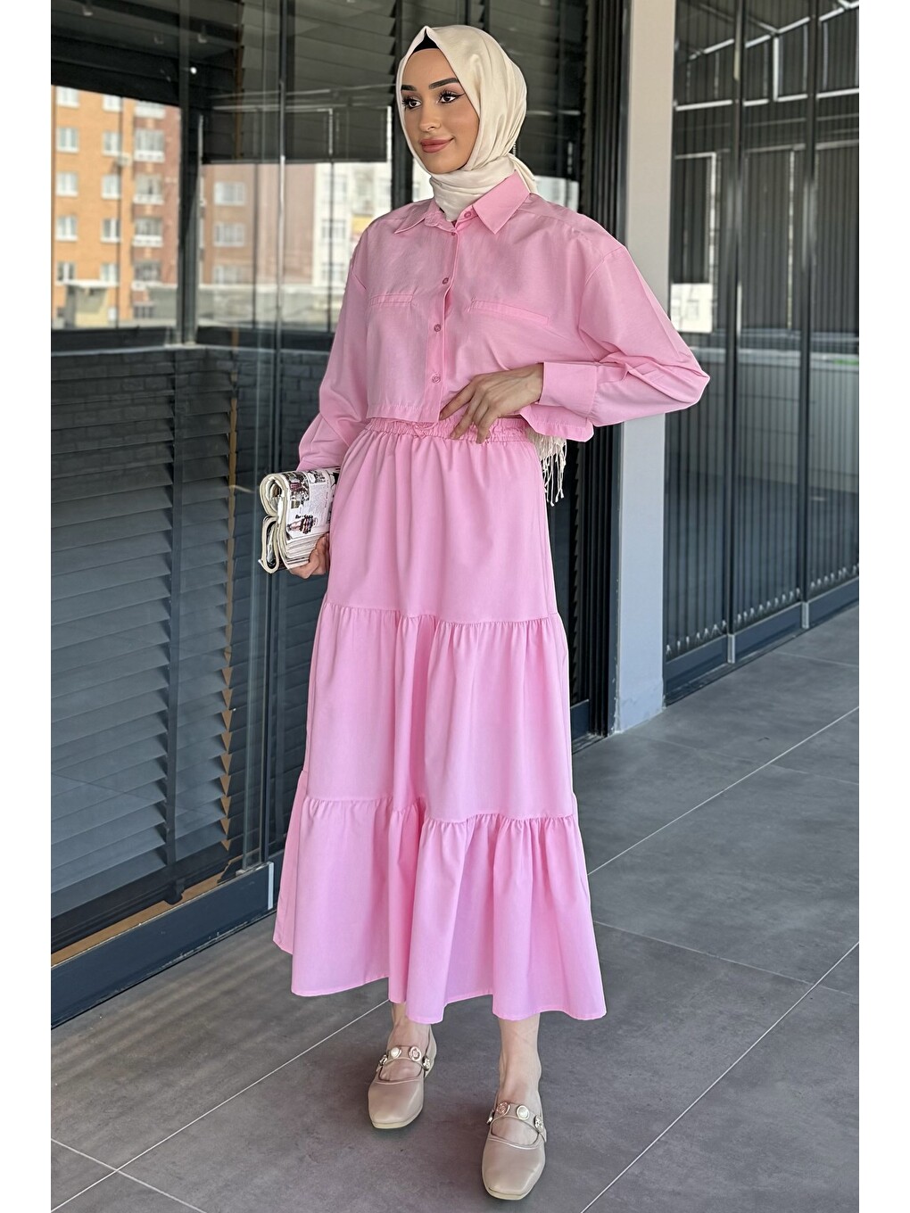 Pembe Kadın Bel Lastikli Pileli Katlı Tesettür Etek-3