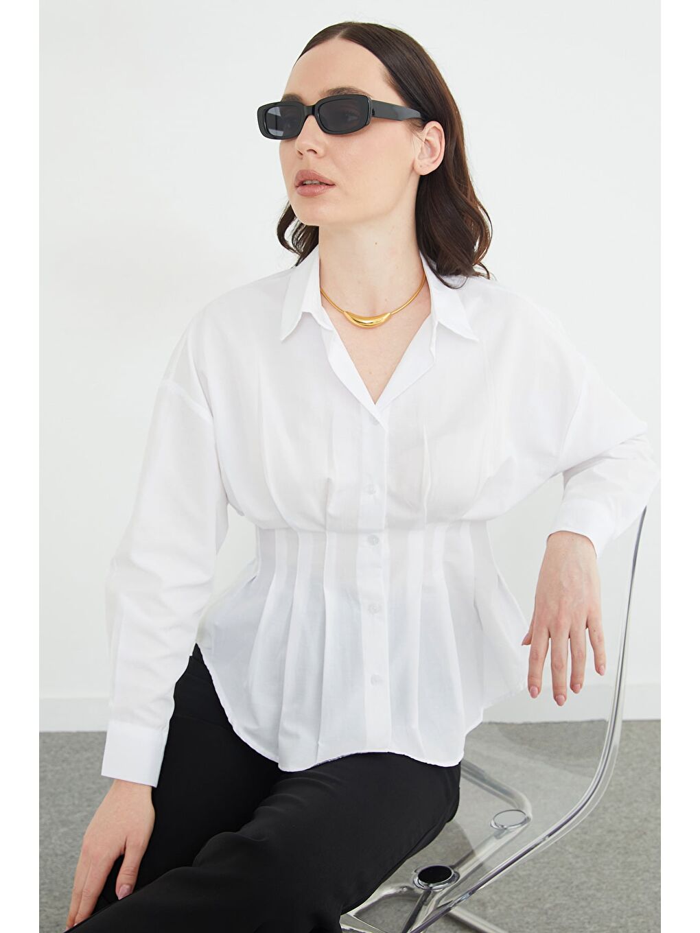 Beyaz Basic Pensli Slim Fit Gömlek-2