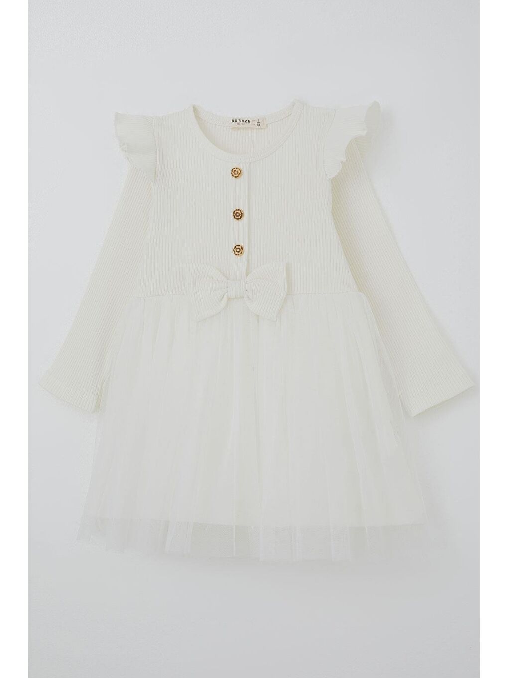 Kız Çocuk Uzun Kollu Elbise Omzu Fırfır Detaylı Fiyonklu Ekru (3-6 Yaş)-3