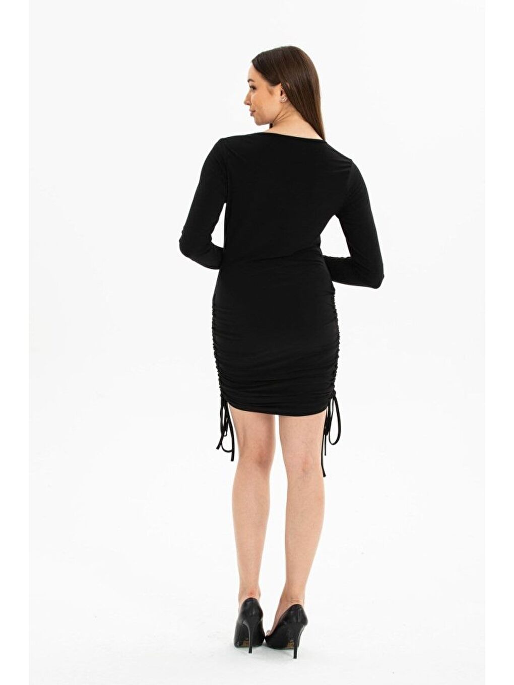 Siyah Kadın Uzun Kol Büzgü Detaylı Sandy Kumaş Ayarlanabilir Boy Fırsat Ürün Elbise-3