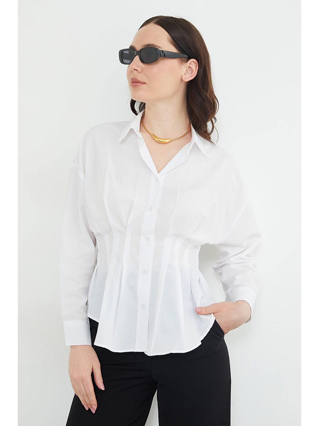 Beyaz Basic Pensli Slim Fit Gömlek-3