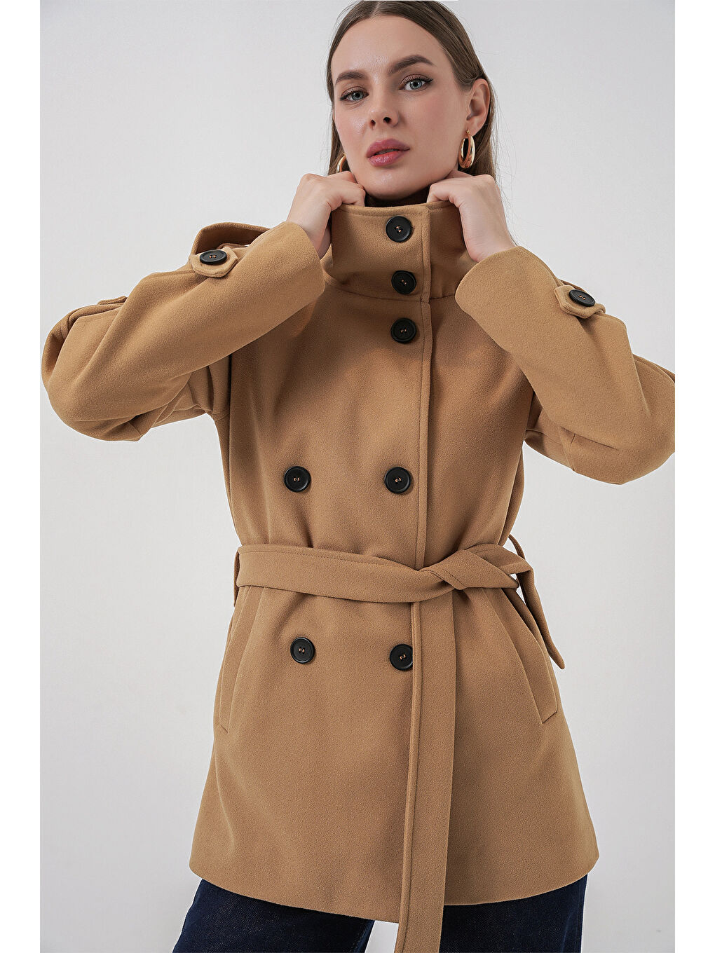 Sarı Kadın Kuşaklı Kaşe Kaban 9162 - Hardal-1