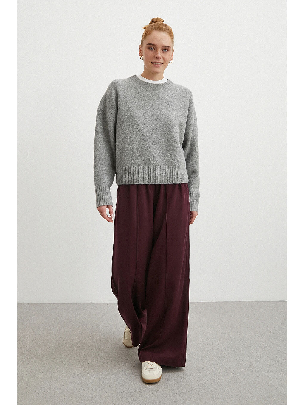 Çizgi Detaylı Geniş Paça Beli Lastikli Pantolon Bordo-1