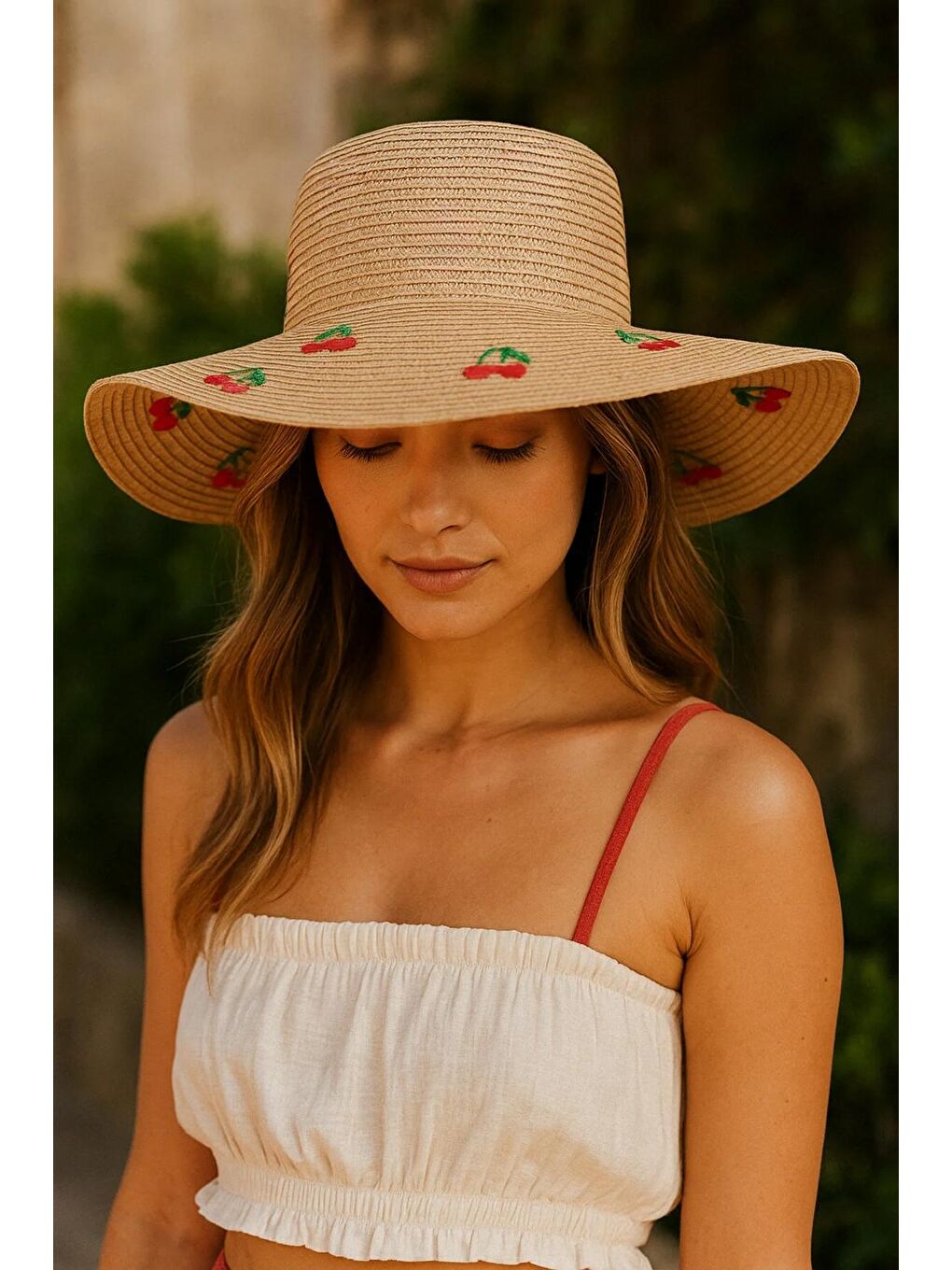 Kahverengi Camel Kiraz Nakışlı Geniş Kenarlı Kadın Yazlık Şapka HSR2115