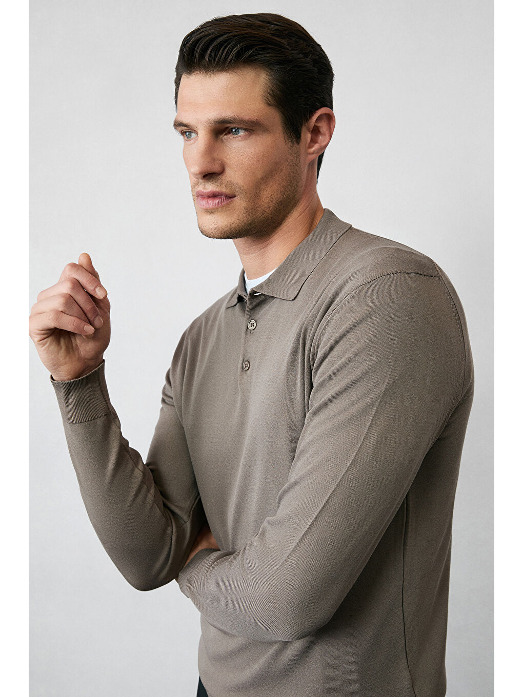 Bej Regular Fit Düğmeli Polo Yaka Triko Kazak-2