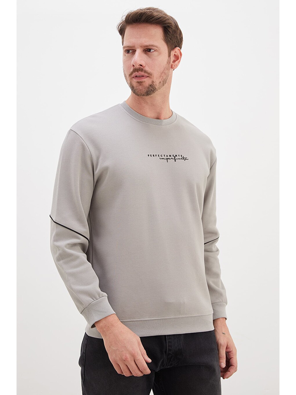 Gri Perfect Baskılı Çizgili Pike Kumaş Sweatshirt