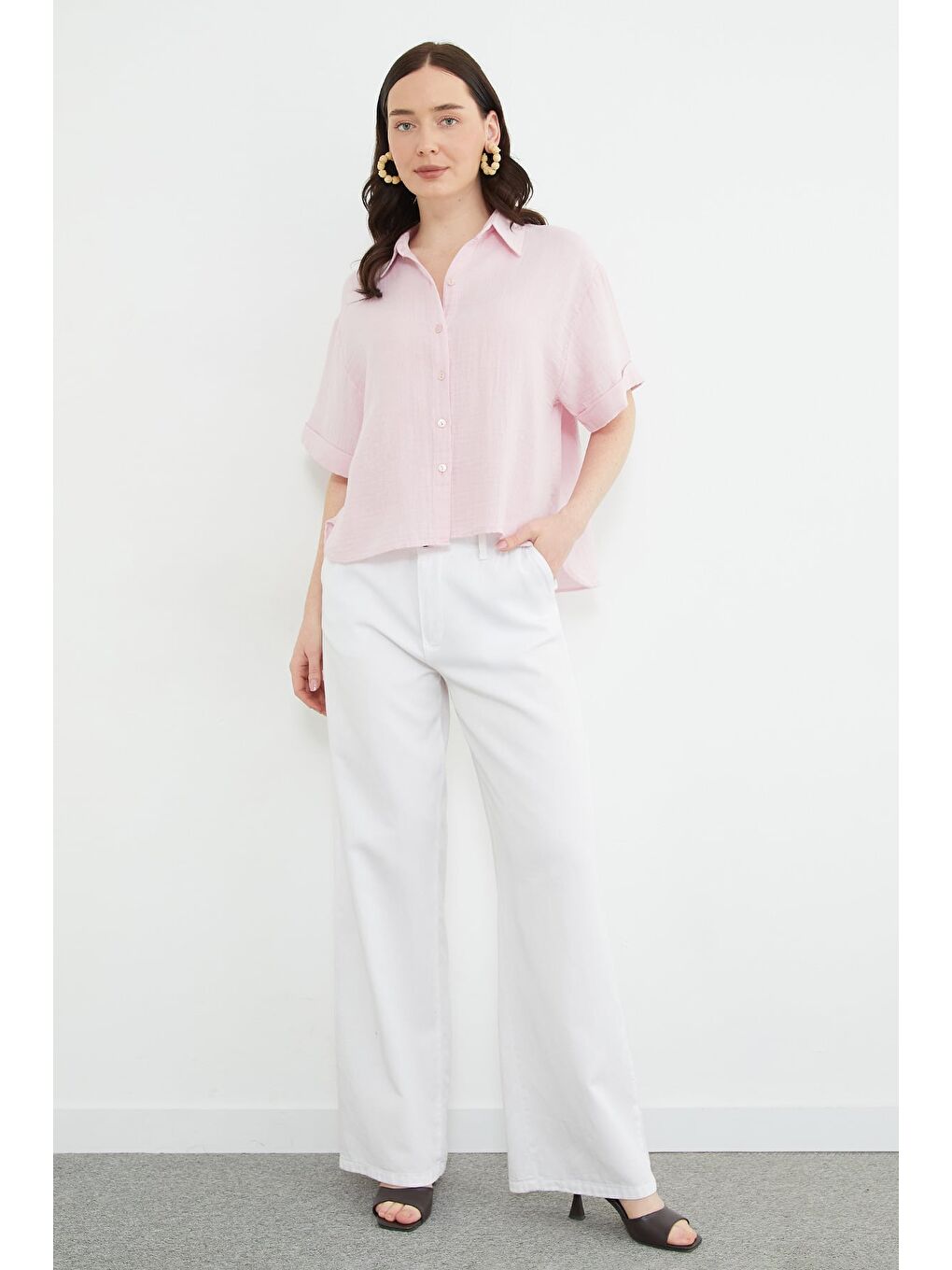 Pembe Basic Kolu Katlı Müslin Kumaş Salaş Gömlek-1