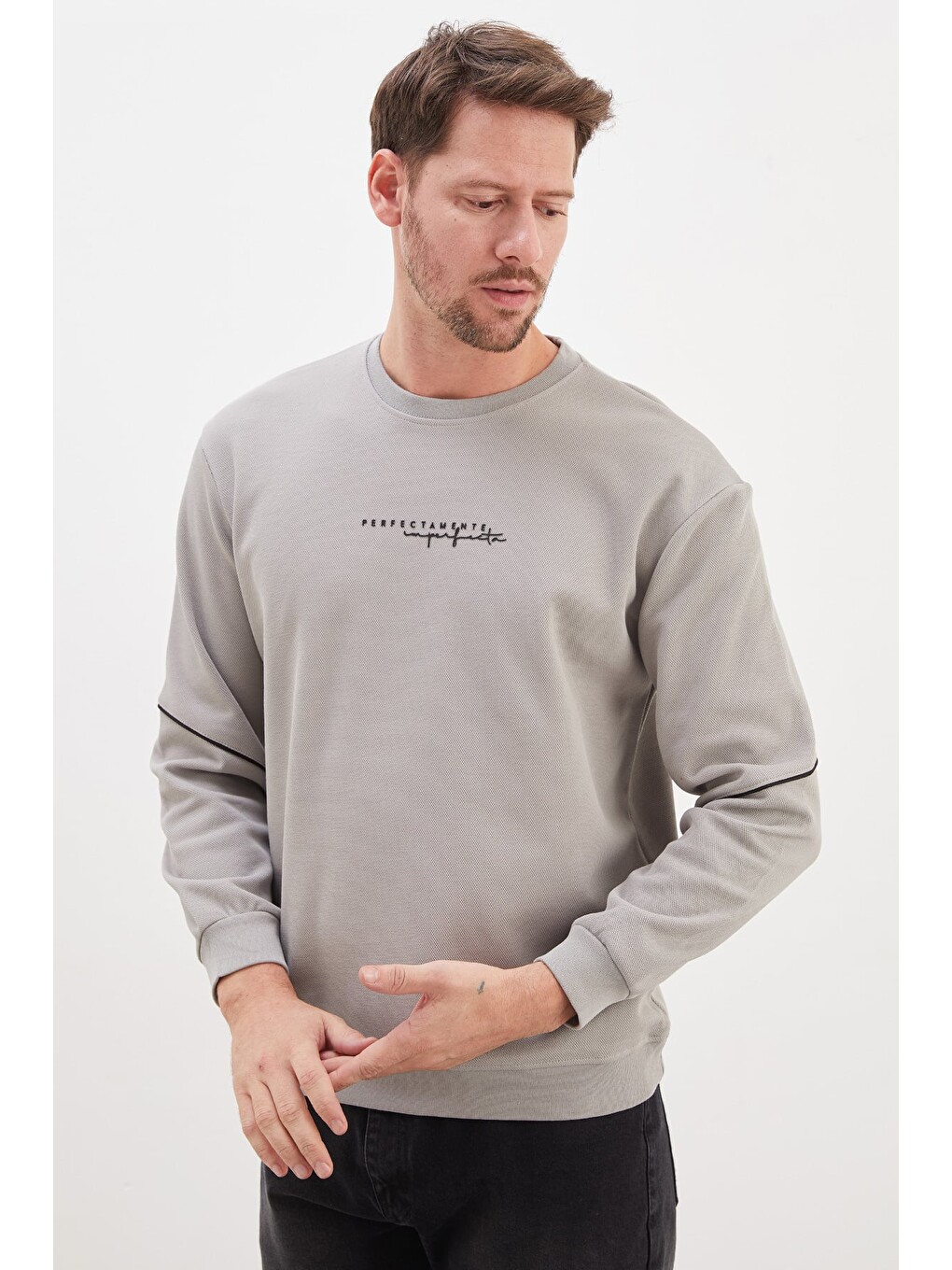 Gri Perfect Baskılı Çizgili Pike Kumaş Sweatshirt-1